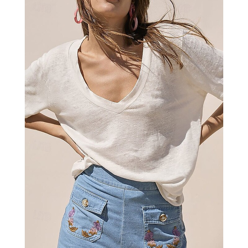 Women's Linen Shirt Blouse Plain Casual Short Sleeve V Neck Regular Tops Holiday Going out White Brown Summer