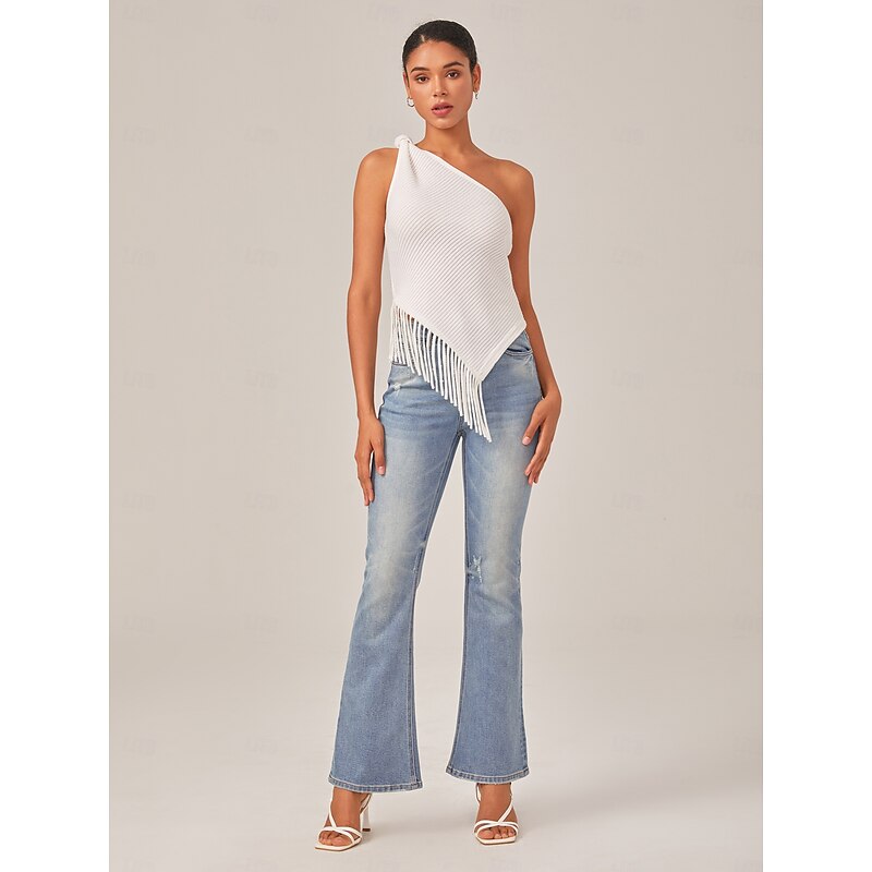 Ivory Asymmetry Fringe Knit Top2