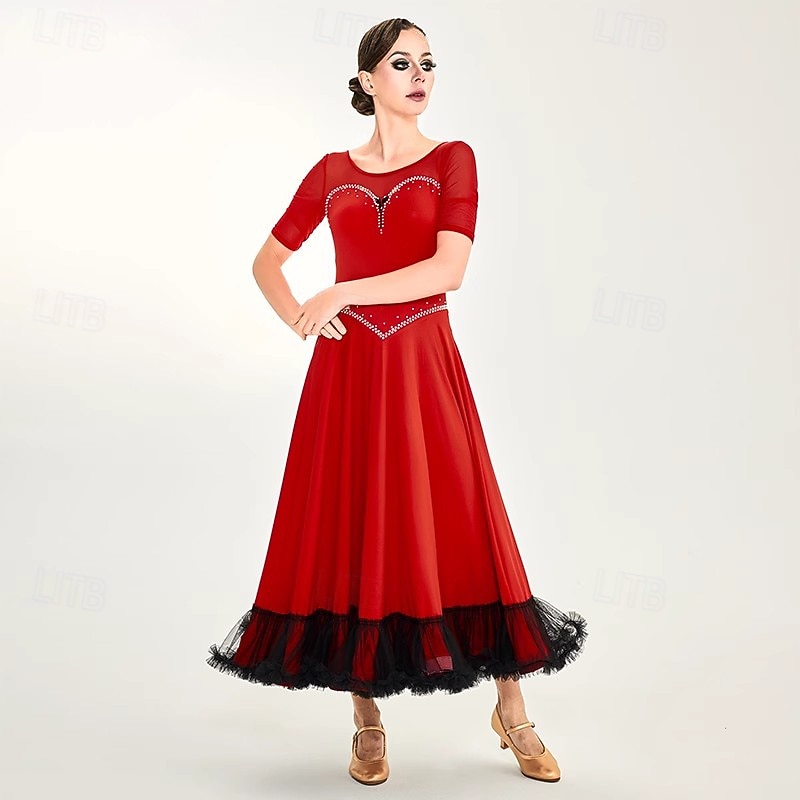 Women's Ballroom Dance Competition Dress Modern Waltz Tango Standard Dress Short Sleeve Performance Costumes4