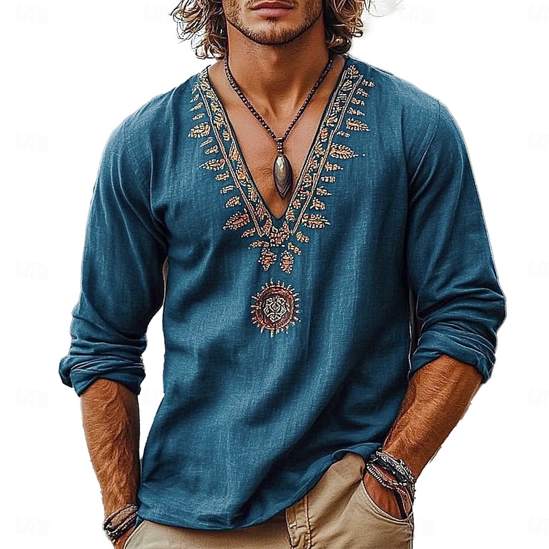 Men's Shirt Linen Shirt Viking Style Summer Shirt Beach Wear Pirate Shirt Solid Color Vacation Street Navy Blue Long Sleeve V Neck Summer Spring Clothing Apparel Medieval Knight2