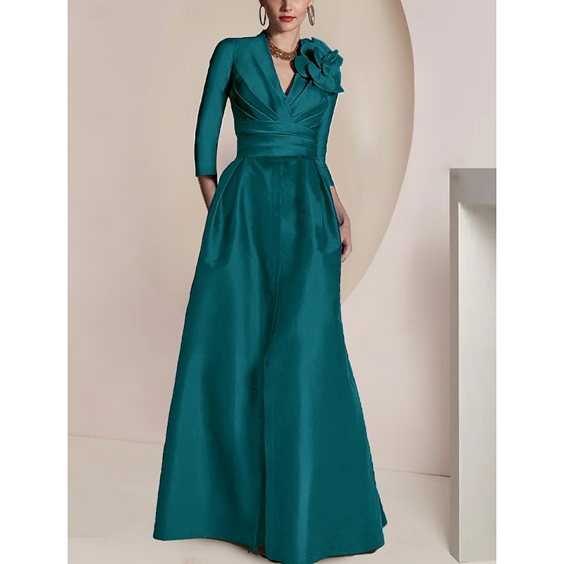 A-Line Mermaid Sheath Mother of the Bride Dress Elegant Vintage Party Jewel Neck V Neck Floor Length Chiffon 3/4 Length Sleeve Half Sleeve with Ruched Draping Split Front 5