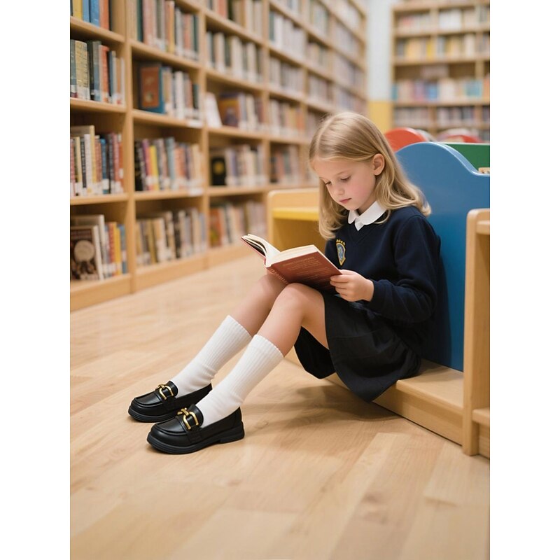 Little Girls' Black Faux Leather Loafers with Gold Buckle – Classic School Uniform Dress Shoes for Kids4