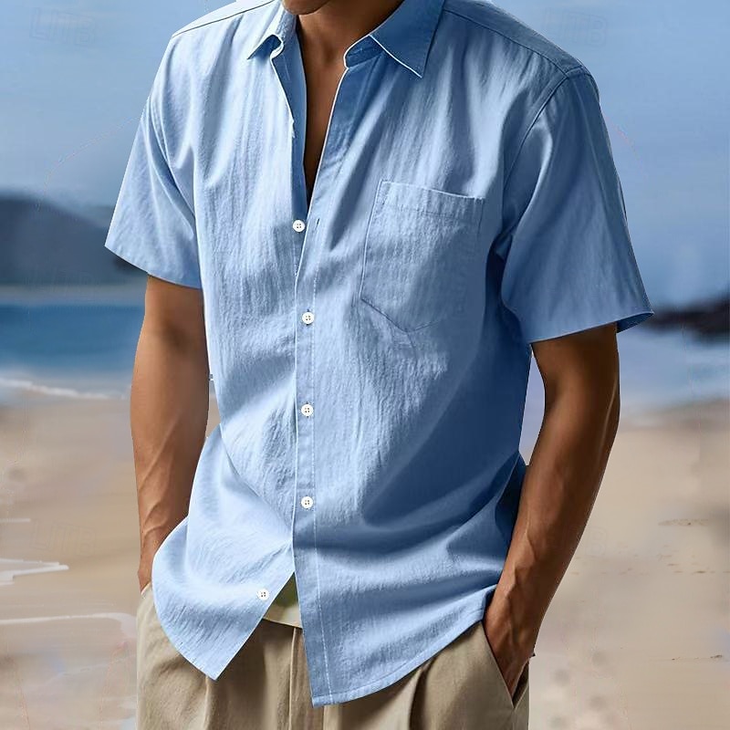 Men's Shirt Linen Shirt Summer Shirt Beach Wear Button Up Shirt Solid Color Vacation Daily Black White Navy Blue Sky Blue Short Sleeve Turndown Spring & Summer Clothing Apparel Pocket2