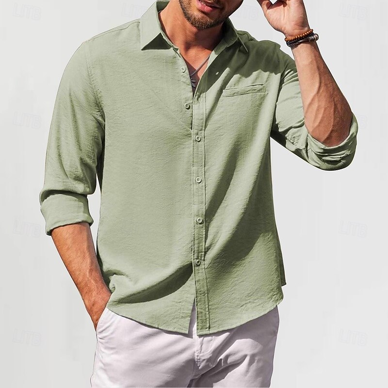 Men's Cotton Linen Shirt Plain Vacation Black White Green Apricot Long Sleeve Lapel Clothing Apparel Front Pocket4