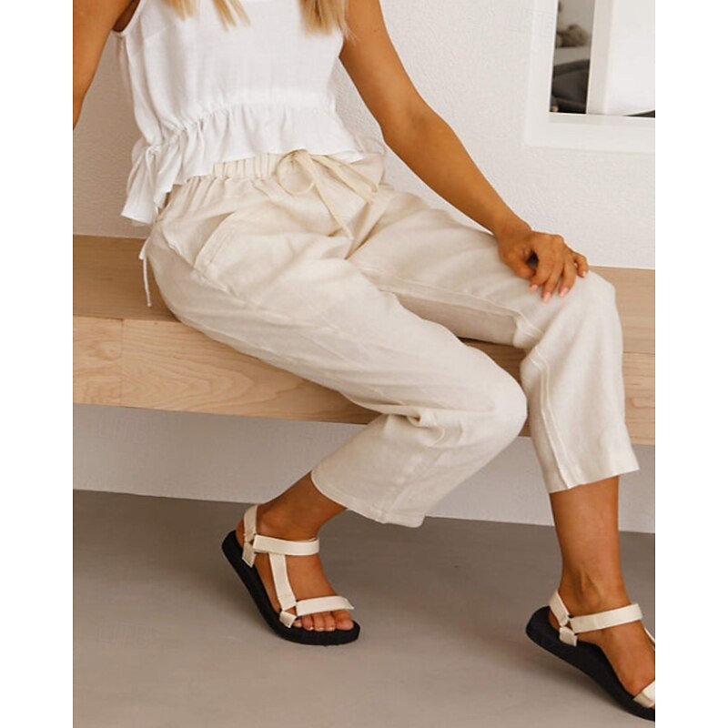 Women's Cotton Linen Pants Slacks Fashion Streetwear Full Length Natural Plain Pocket Elastic Drawstring Design Outdoor Comfortable Vacation Going out Rust Light Sky Blue Grey Black Summer Regular Fit2