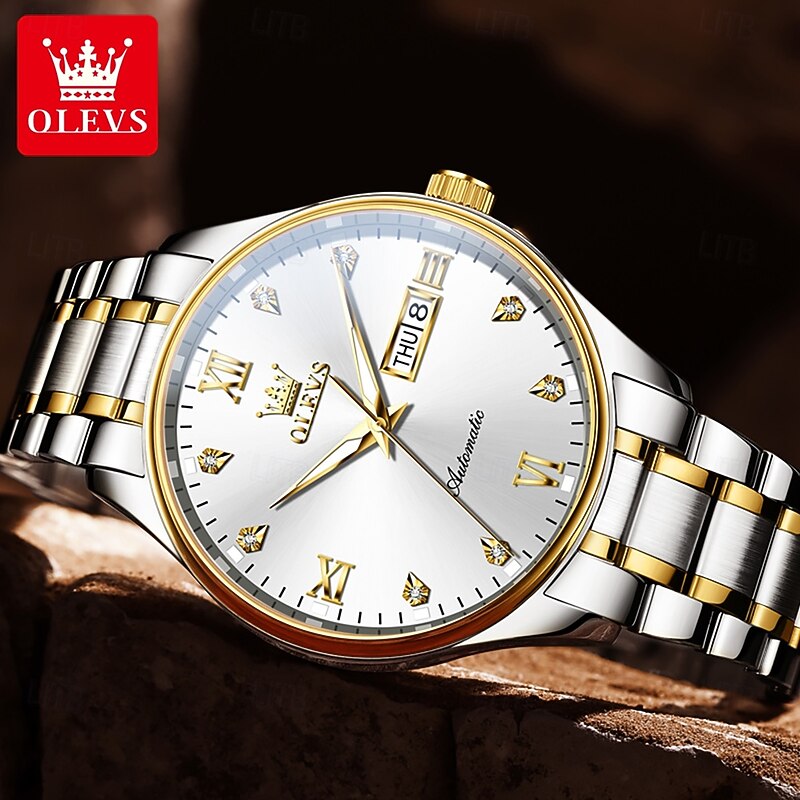 OLEVS Men's Mechanical Watch, Minimalist Fashion, Automatic Self-Winding, Luminous Date Week, Waterproof Steel Watch2