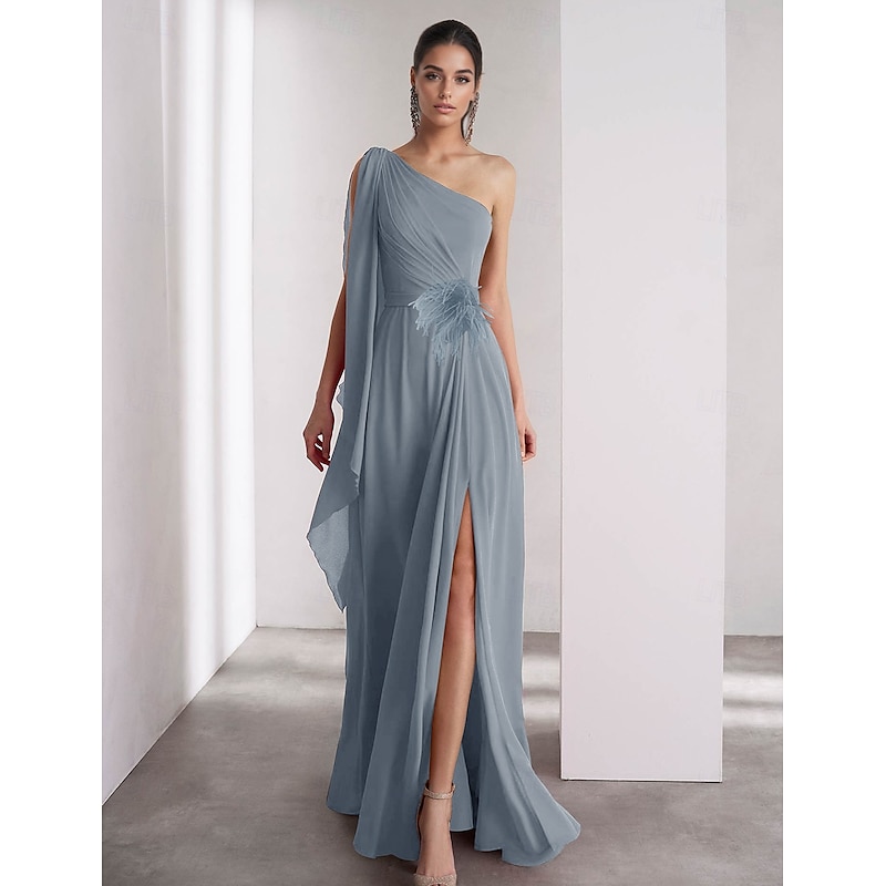 One Shoulder A-Line Chiffon Feather Evening Gown Elegant Dress Formal Floor Length Sleeveless Ruched Shawl2