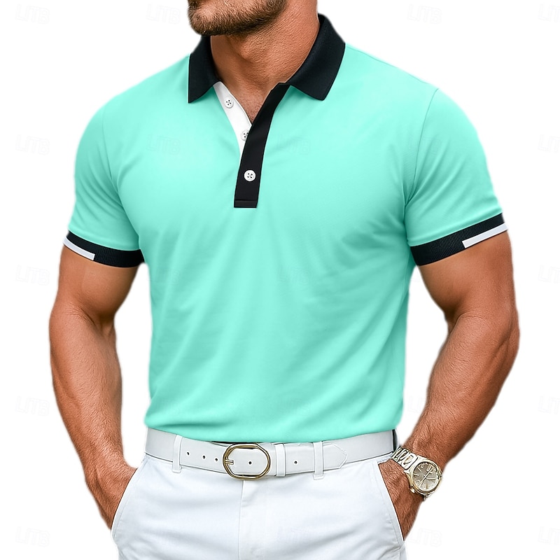 Men's Sports Polo Shirts Golf Shirt Casual Ribbed Polo Collar Short Sleeve Fashion Basic Solid Color Patchwork Color Block Summer Regular Fit Black White Burgundy Green Light Blue Sports Polo Shirts