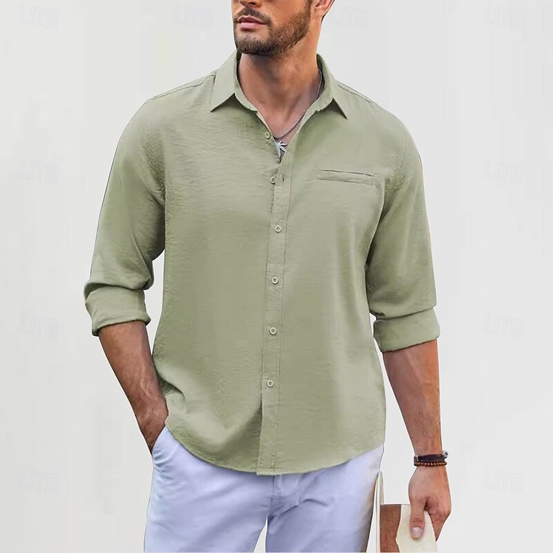 Men's Cotton Linen Shirt Plain Vacation Black White Green Apricot Long Sleeve Lapel Clothing Apparel Front Pocket3