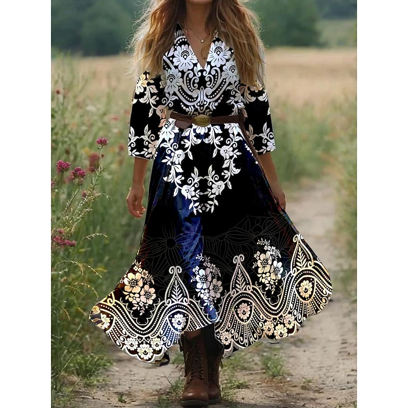 Women's Boho Dress Western Dress Vintage Maxi Dress Sundress Pleated Dress Vacation Casual Boho Going out Beach Graphic Paisley Tribal 3/4 Length Sleeve V Neck Black Pink Blue Orange Summer Spring2