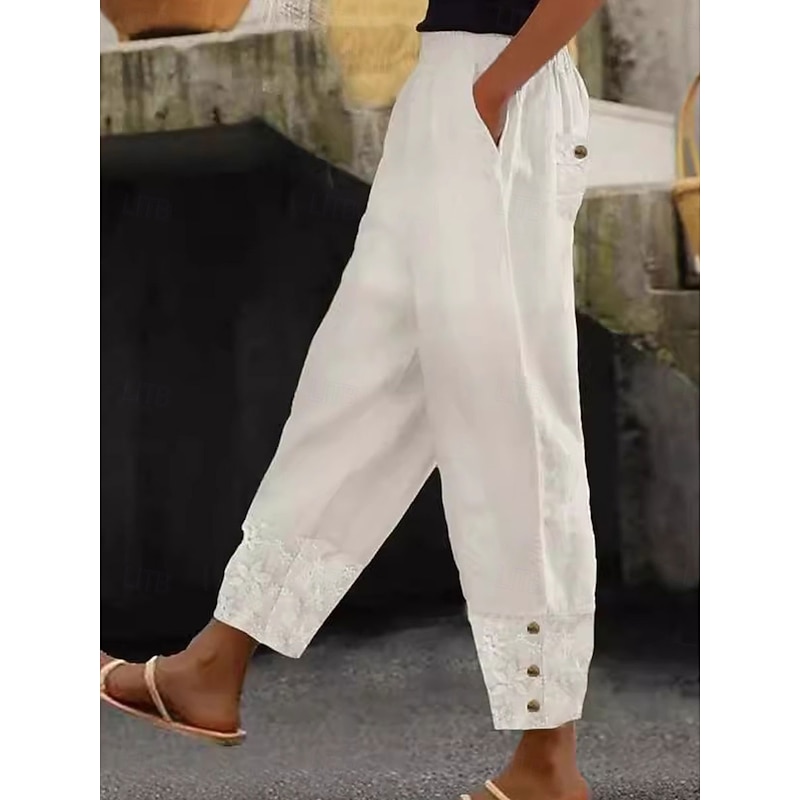 Women's Cotton Linen Pants Baggy Pants Linen Like Solid Color Chinos Fashion Streetwear Basic Ankle-Length Medium Waist Plain Pocket Elastic Waist Comfort Outdoor Micro-elastic Vacation Street Daily