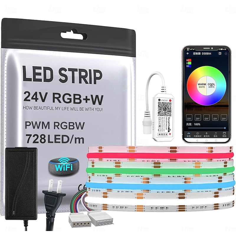 COB LED Strip RGBW Four in One 24.6FT DC24V Color Changing Flexible High-density Uniform Light Suitable for Home Interior Decoration Paired with WIFI APP Music Intelligent Controller 728LED/m3