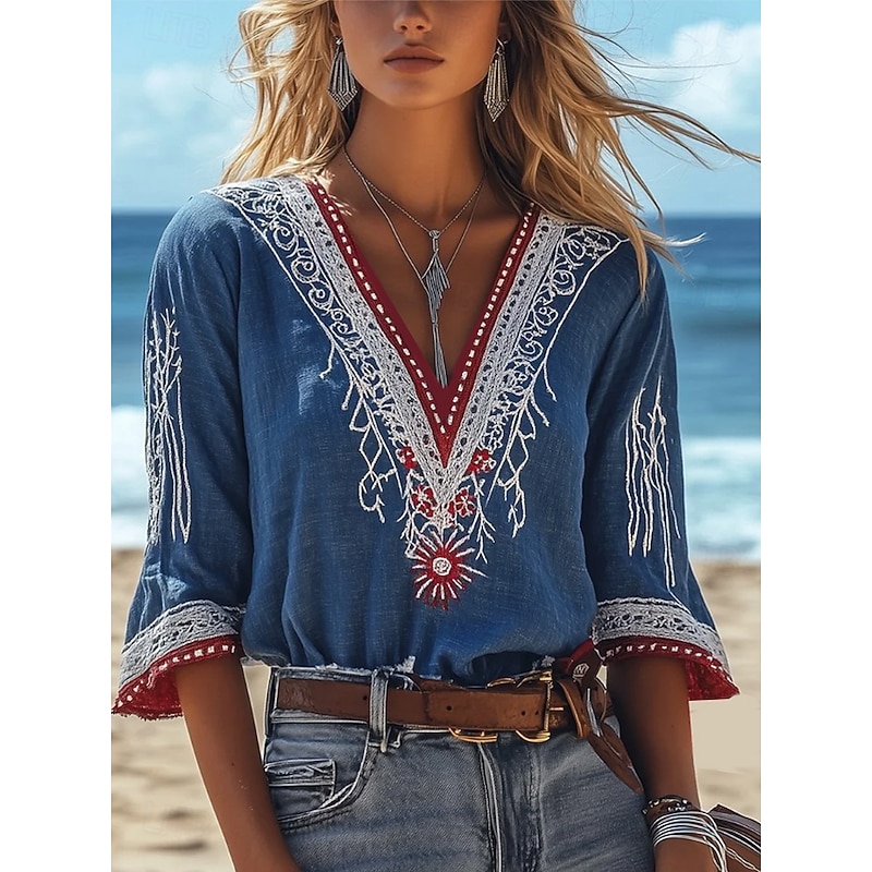 Women's Blouse Floral Graphic Paisley Bohemia Vintage Tropical 3/4 Length Sleeve V Neck Regular Tops Blue Summer Spring