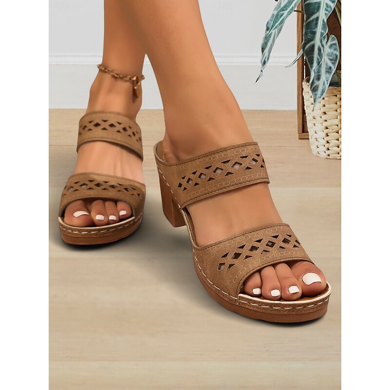 Women's Brown Boho Cutout Block Heel Slide Sandals – Retro Casual Comfort Mules for Summer Travel and Daily Wear4