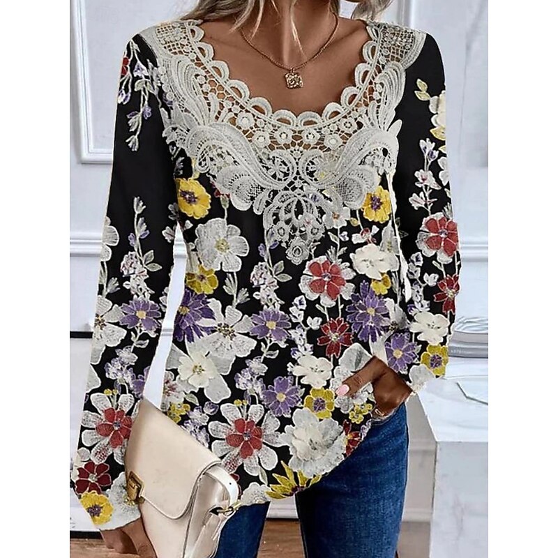 Women's Blouse Floral Marble Stylish Modern Long Sleeve V Neck Regular Tops Daily Holiday Lace Patchwork Print Black White Yellow Pink Blue Summer3