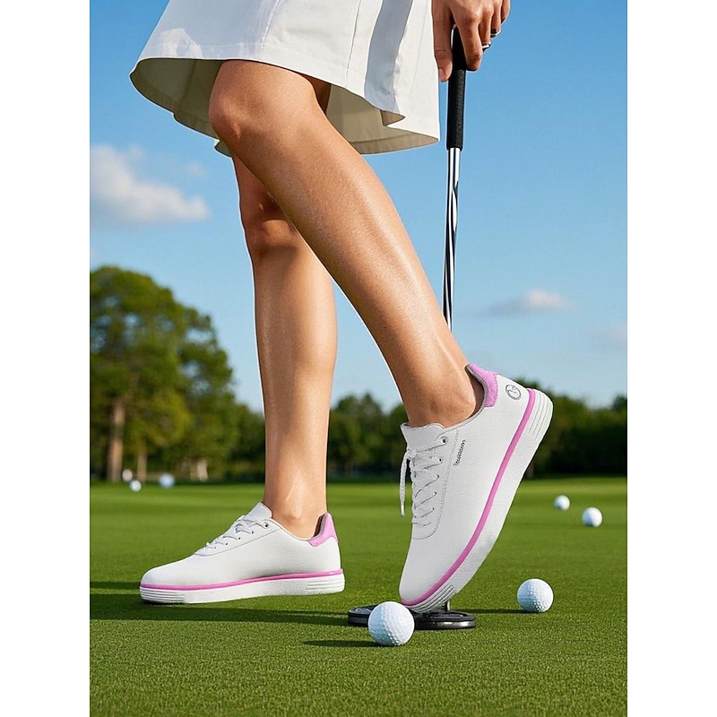 Women's Casual Lace-Up Golf Shoes | Lightweight Non-Slip Walking Sneakers for Female Golfers | Stylish Pink and White Design for Practice & Play