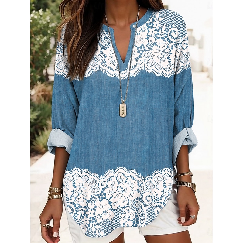 Women's Blouse Tunic V Neck Long Sleeve Boho Casual Tops 3D Print Floral Graphic Vintage Stylish Regular Tops Daily Vacation Wear Print Denim Blue Blue Purple