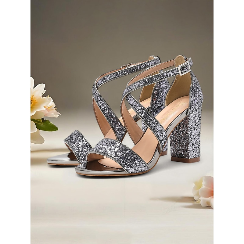 Women's Gold Glitter Block Heel Sandals, Crisscross Strap Design for Cocktail Parties and Night Events and Prom4