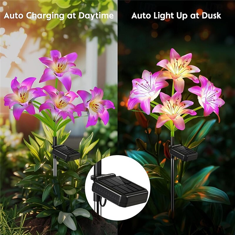 Solar Flower Lights Outdoor 4 Head Dahlia Floor Plug In Led Color Gradient Garden Courtyard Decorative Light Lawn Light Simulated Plant Landscape Light  1PC3