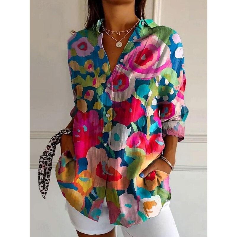 Women's Shirt Floral Bohemia Hawaiian Long Sleeve Shirt Collar Regular Tops Daily Holiday Pocket Buttons Print White Yellow Pink Navy Blue Blue Summer2