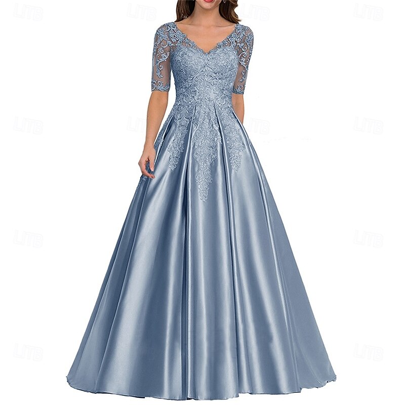 Dress Mother of the Bride Dress Elegant Vintage V Neck Floor Length Polyester Short Sleeve with Solid Color3