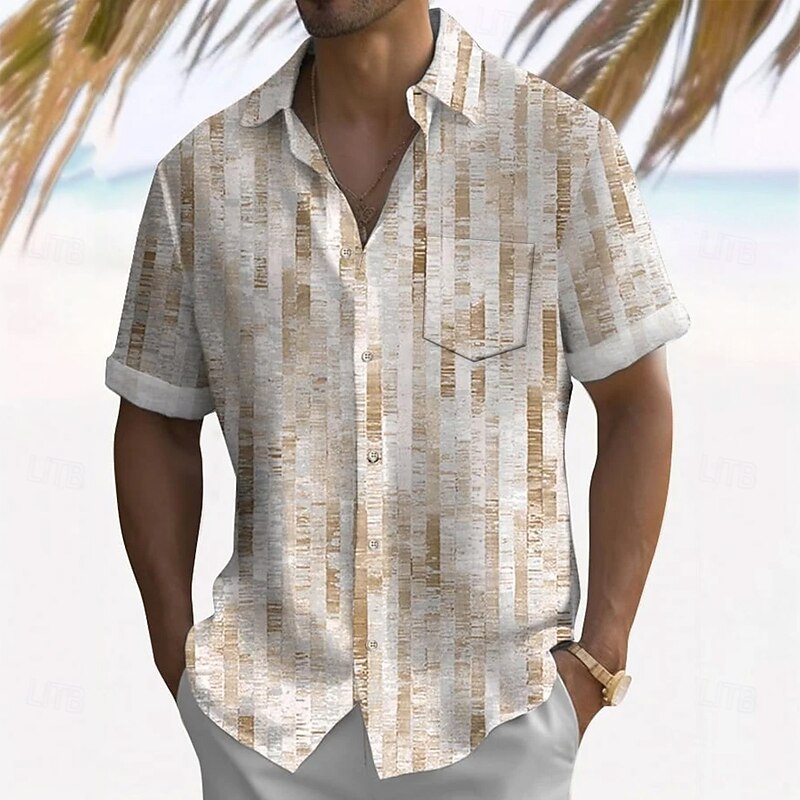 Men's Geometric Grid / Plaid Shirt Summer Shirt Button Up Shirt Short Sleeve Fashion Casual Vacation Holiday Streetwear Summer Turndown 3D Print Front One Pocket Linen Like Shirt Yellow Green Gray4