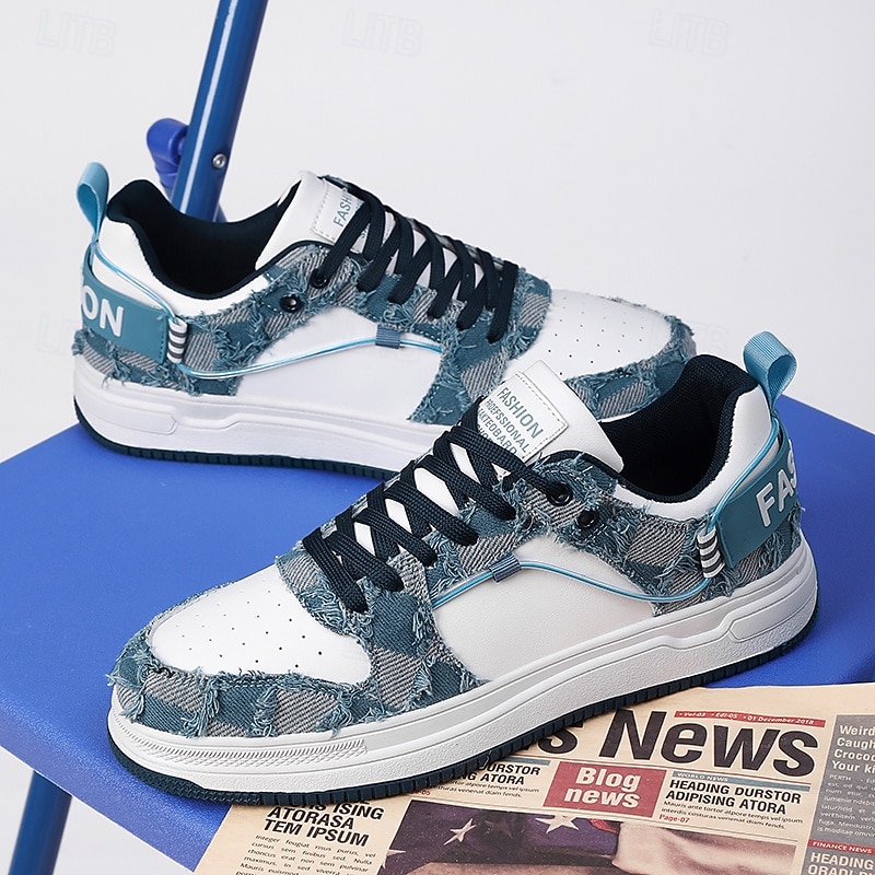 Men's Stylish Sneakers - Denim - Inspired Patchwork with Faux Leather Accents, Comfort - Oriented Design, Suited for Casual Gatherings & City Walks4
