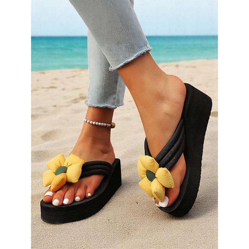 Women's Black Platform Flip Flops with Yellow Flower Detail – Cute Beach Sandals for Summer Vacations, Poolside Relaxation, and Daily Casual Wear