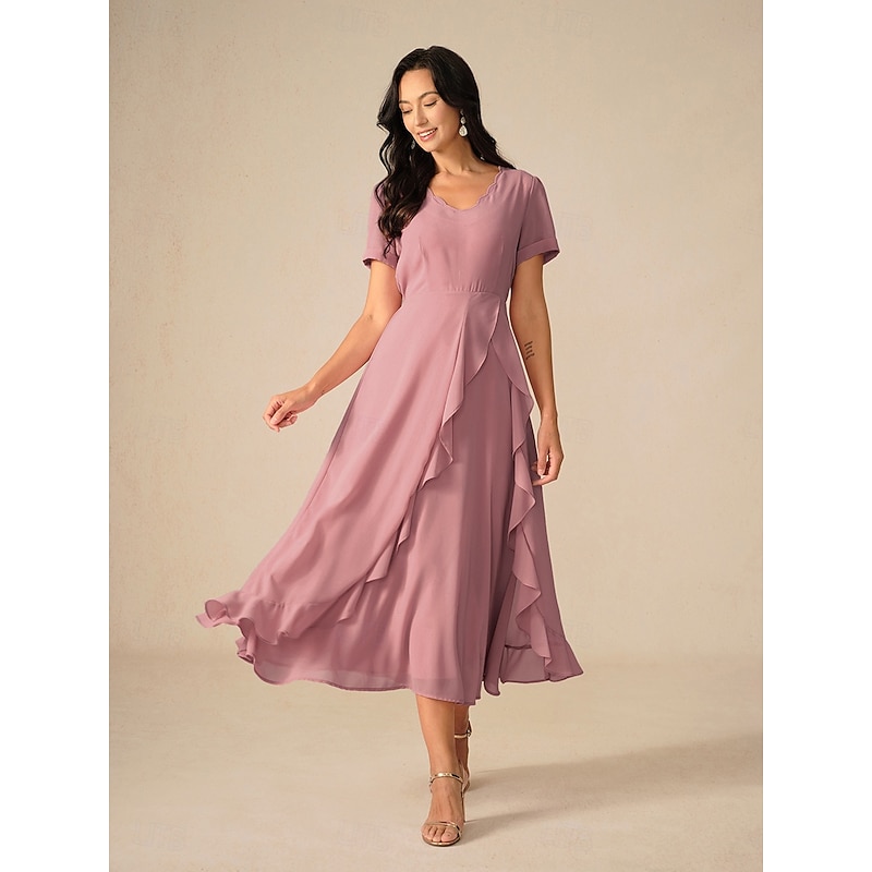 Women's Maxi Dress A Line Dress Elegant Formal Wedding Wedding Guest Loose Fit Solid Color Short Sleeve Asymmetrical V Neck Blush Pink Summer Spring
