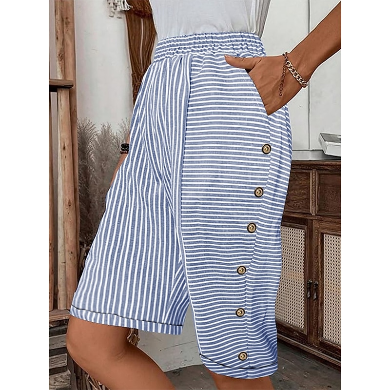 Women's Cotton Linen Pants Crop Casual Knee Length High Waist Striped Pocket Elastic Waist Print Comfy Outdoor Comfortable Street Daily Wear Going out Black Pink Sky Blue Light Purple Summer Regular4