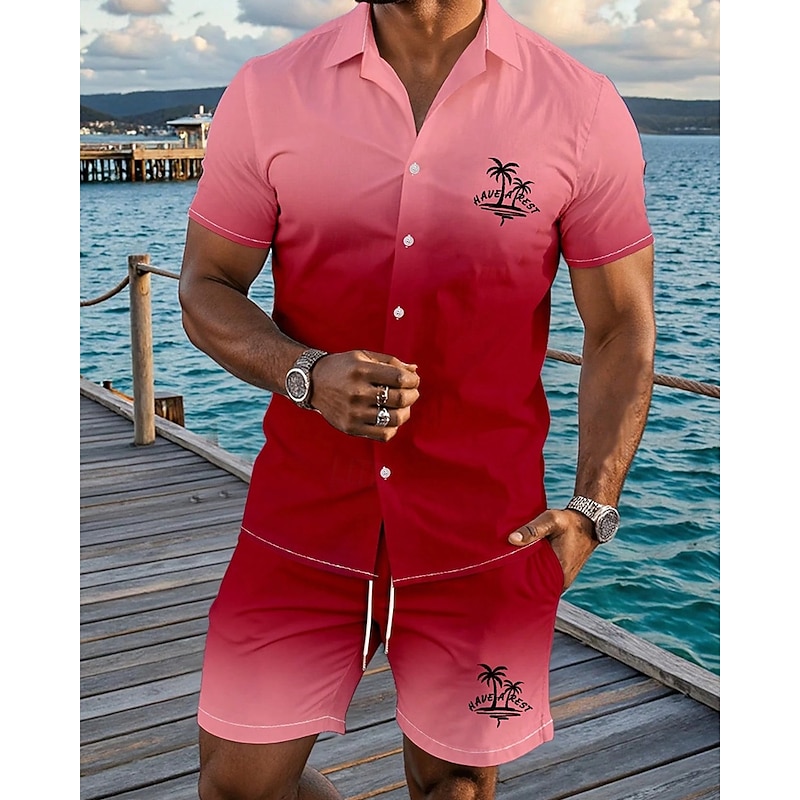 Men's Shirt Suits T-shirt Suits 2 Pieces Outfits Tee & Shorts Short Sleeve Shirt Collar Summer Tropical Flowers Fashion Casual 2 Piece Vacation Daily Wear Going out Red Green Top Tee for Men