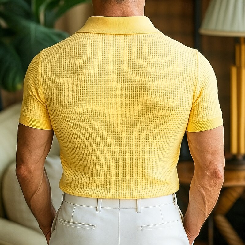 Men's Waffle Polo Shirts Golf Shirt Casual Holiday Lapel Ribbed Polo Collar Short Sleeve Fashion Basic Plain Buttons Soft Summer Spring Regular Fit White Yellow Burgundy Green Khaki Light Grey Waffle2