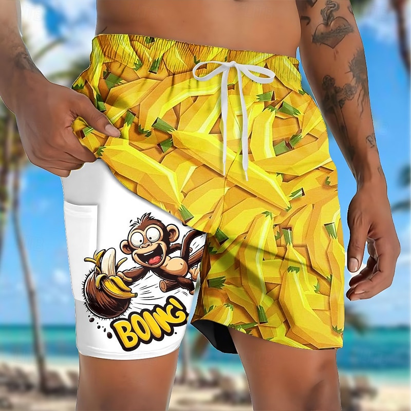 Men's Funny Monkey Banana Lined Shorts 2 in 1 Board Shorts Swim Shorts Mid Waist Hawaiian Vacation Holiday Beach Wear Side Pockets With Compression Liner Elastic Drawstring Waist Designer Clothing