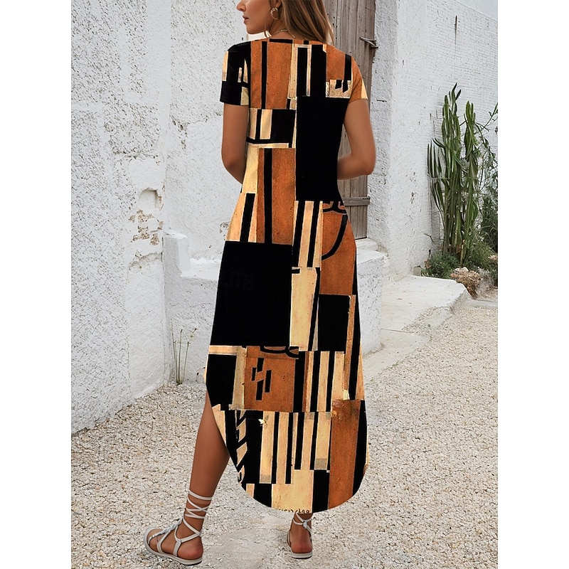 Women's Midi Dress T Shirt Dress Tee Dress Summer Dress Vacation Casual Beach Daily Regular Fit Graphic Geometric Short Sleeve Crew Neck Blue Purple Brown Summer2