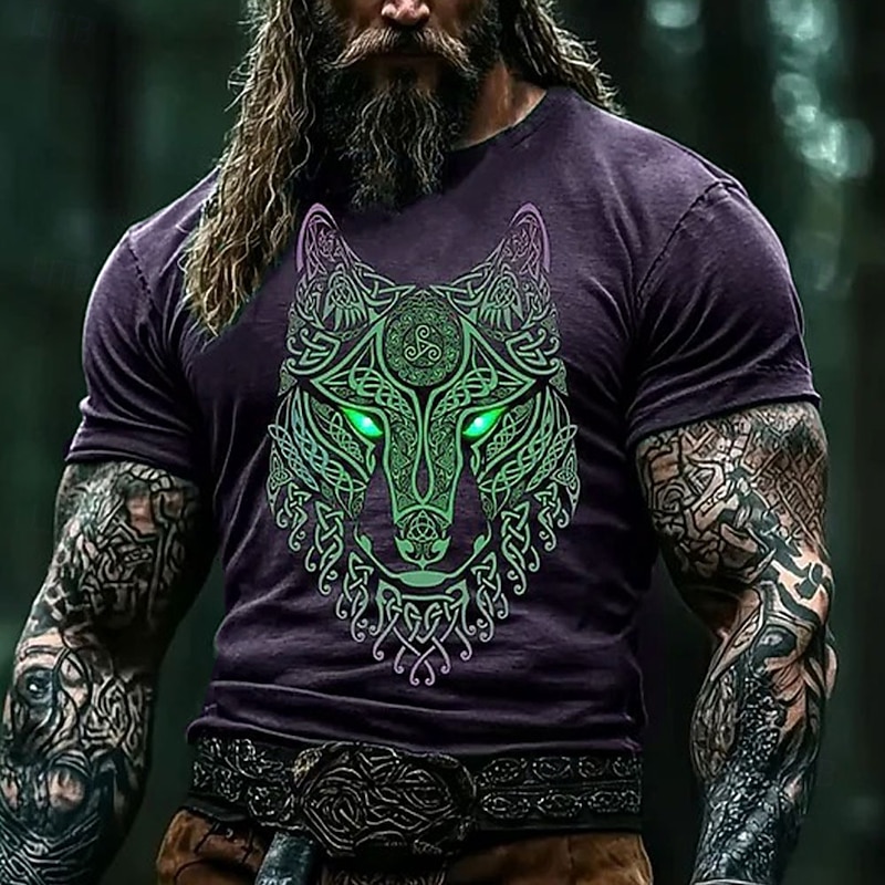Men's Wolf Viking T Shirt Short Sleeve T shirt 3D Print Crew Neck Round Neck Shirt Fashion Ethnic Street Casual Daily Blue Purple Brown Summer Spring All Seasons Clothing Apparel S M L XL XXL XXXL4