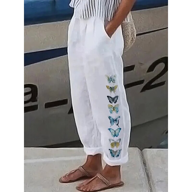 Women's Cotton Linen Pants Baggy Pants Linen Like Beach Shorts Vacation Vintage Fashion Full Length High Waist Floral Graphic Butterfly Printing Thermal Warm Breathable Soft Micro-elastic Formal4