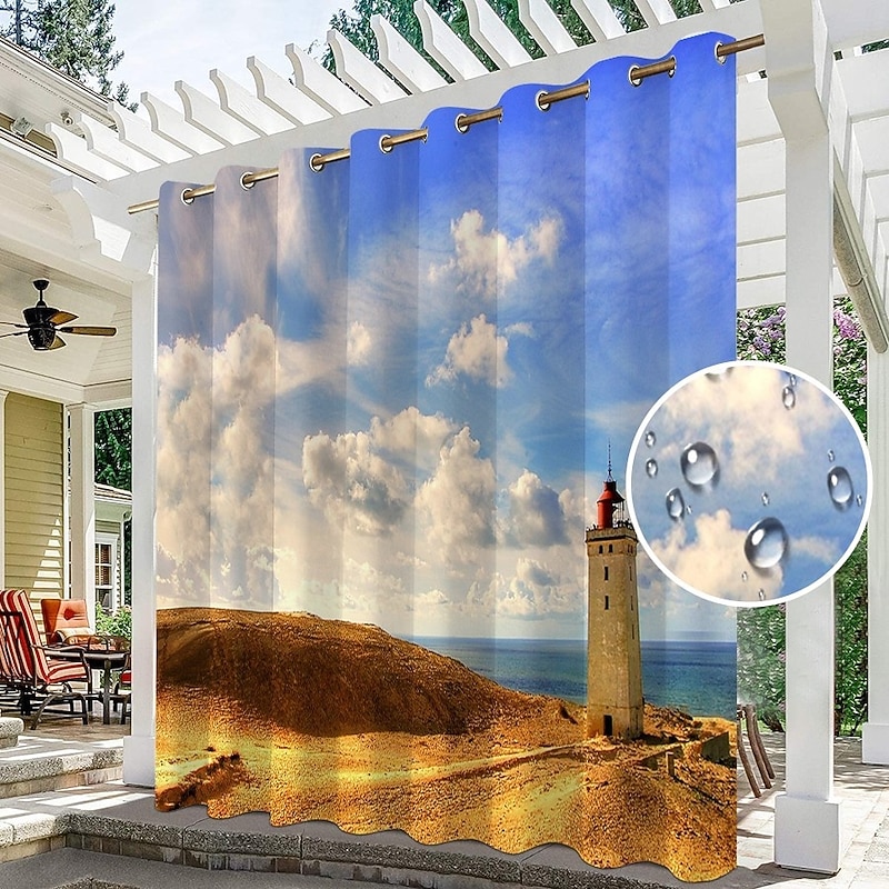 Waterproof Outdoor Curtain Privacy, Sliding Patio Curtain Drapes, Pergola Curtains Grommet 3D Ocean Light Tower Landscape For Gazebo, Balcony, Porch, Party, 1 Panel