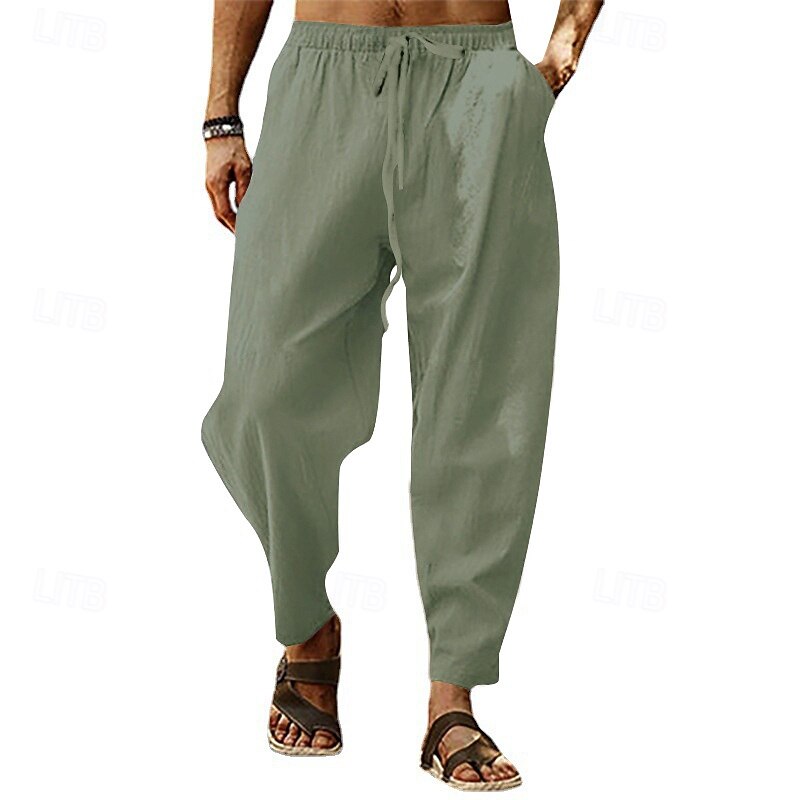 Men's Linen Pants Trousers Summer Pants Harem Pants Pocket Drawstring Elastic Waist Plain Comfort Breathable Full Length Outdoor Casual Daily Fashion Classic Style White Yellow