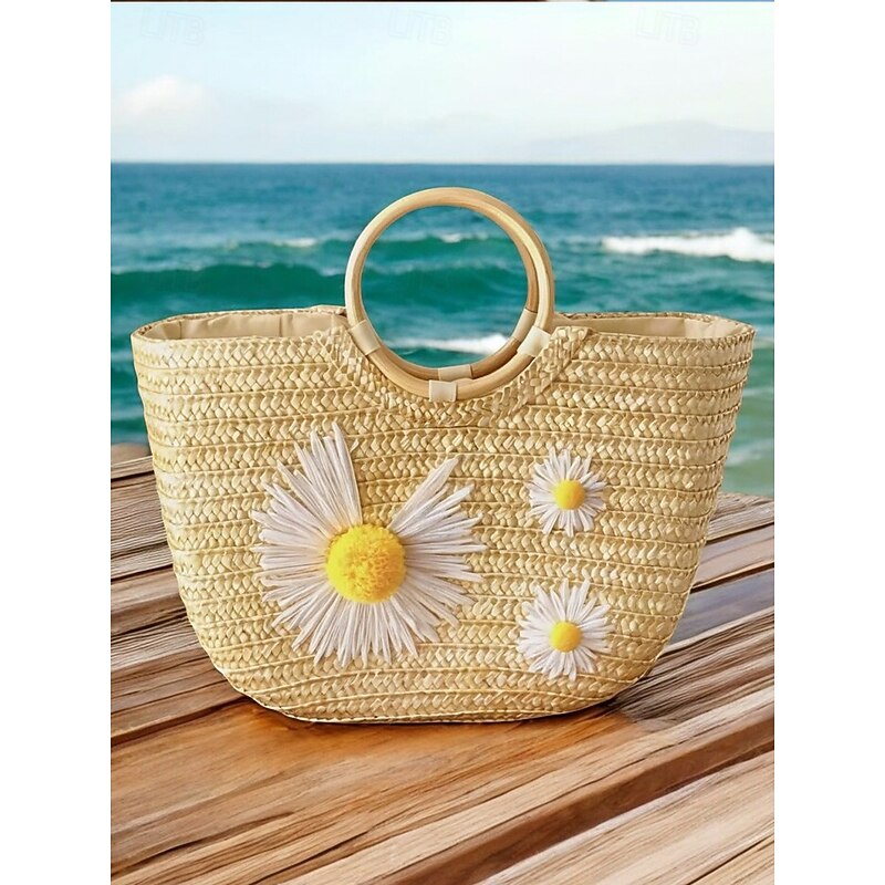 Women's Daisy Embroidered Straw Tote Bag - Summer Beach Tote Bag with Floral, Coconut Tree, Lemon Pattern, Casual Bohemian Style, Suitable for Vacation and Daily Use3
