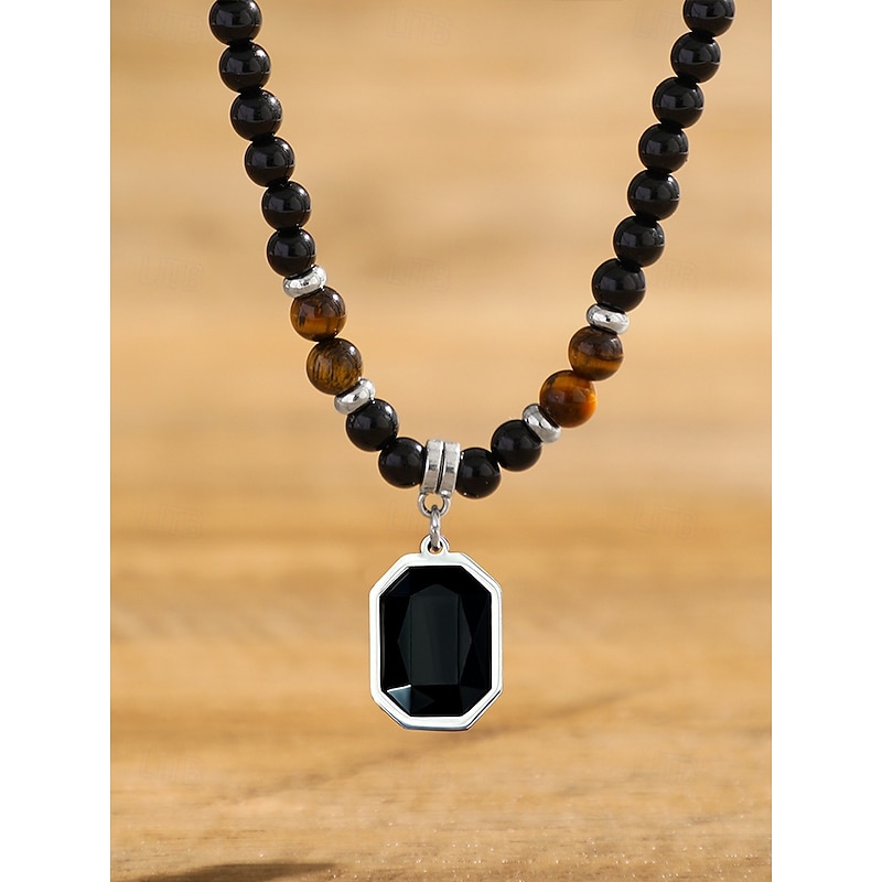 Men's Black Onyx Beaded Necklace with Tiger Eye Accents and Silver Pendant – Stylish Gift for Casual and Formal Occasions4
