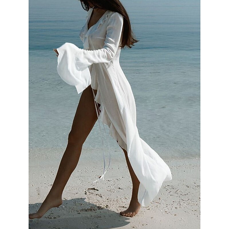 Women's Swimsuits Cover Up Swim Dress Swimsuit Ruffle Vacation Beach Wear Solid Color V Neck Long Sleeve Bathing Suits2