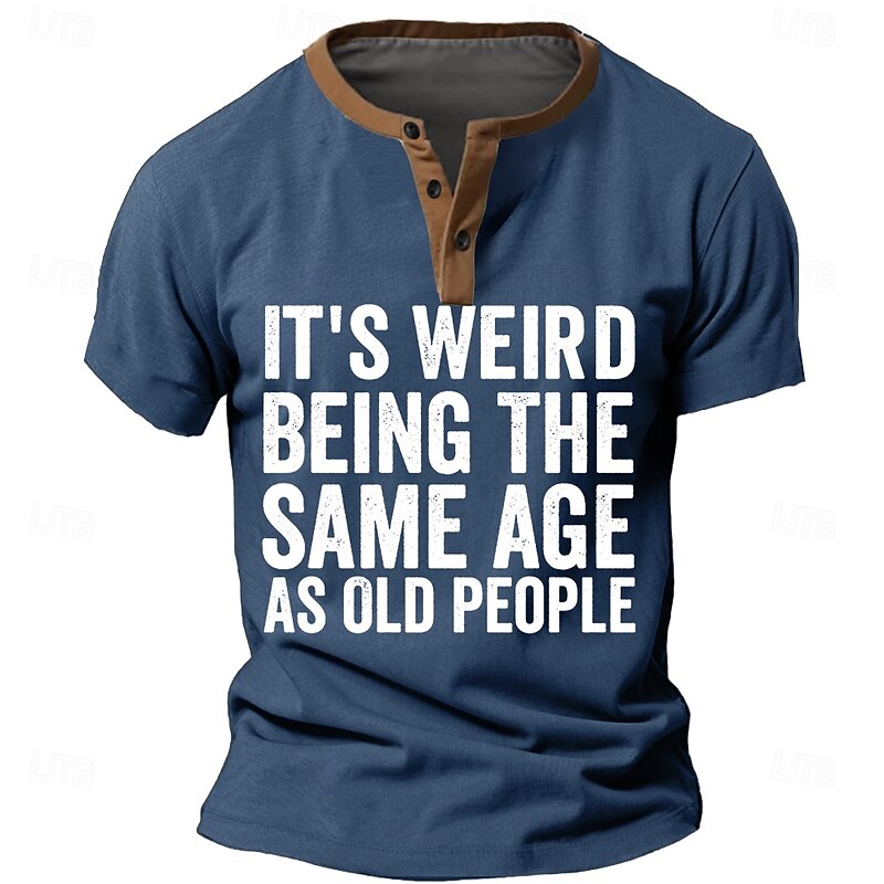 Men's Funny Slang T Shirt Henley Shirt Short Sleeve Designer Retro Vintage Casual Street Casual Daily Summer Spring Army Green Navy Blue Henley Henley T-Shirt