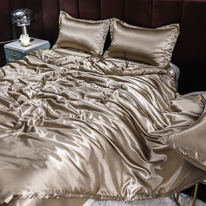 Pure Color Double-sided Ice Silk Four-piece Set Silky Quilt Cover Cool Nude Sleeping Three-piece Set Bedding