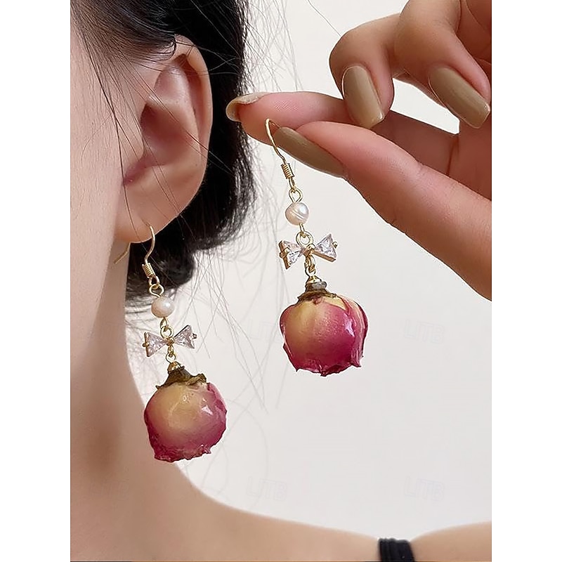 Women's Real Flower Drop Earrings – Acrylic Rose Bud Design with Pearl & Bow Accents, Elegant Handmade Jewelry for Romantic Style, Ideal Gift for Mom on Mother's Day4