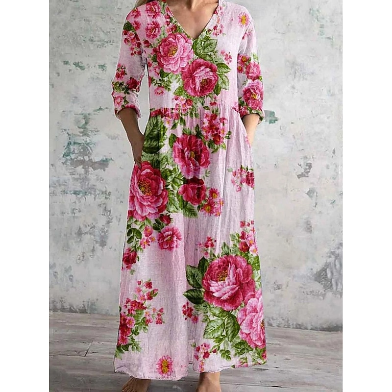 Women's Long Dress Maxi Dress Casual Dress Summer Dress Boho Dress Fashion Vacation Daily Weekend Regular Fit Floral Long Sleeve V Neck White Light Green Pink Blue Summer2