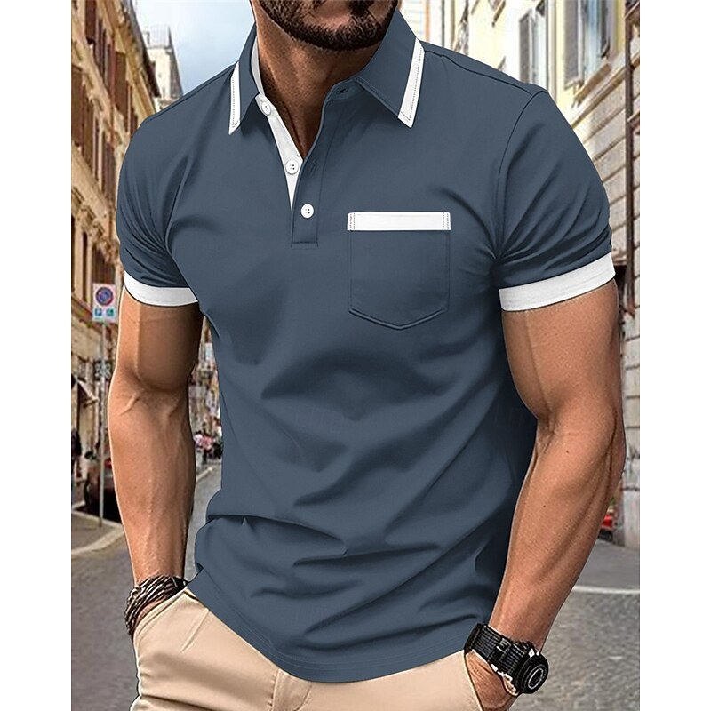 Men's Golf Shirt Golf Polos Shirts Work Casual Lapel Short Sleeve Basic Modern Color Block Patchwork Pocket Summer Regular Fit Black White Wine Navy Blue Sky Blue Brown Golf Shirt3