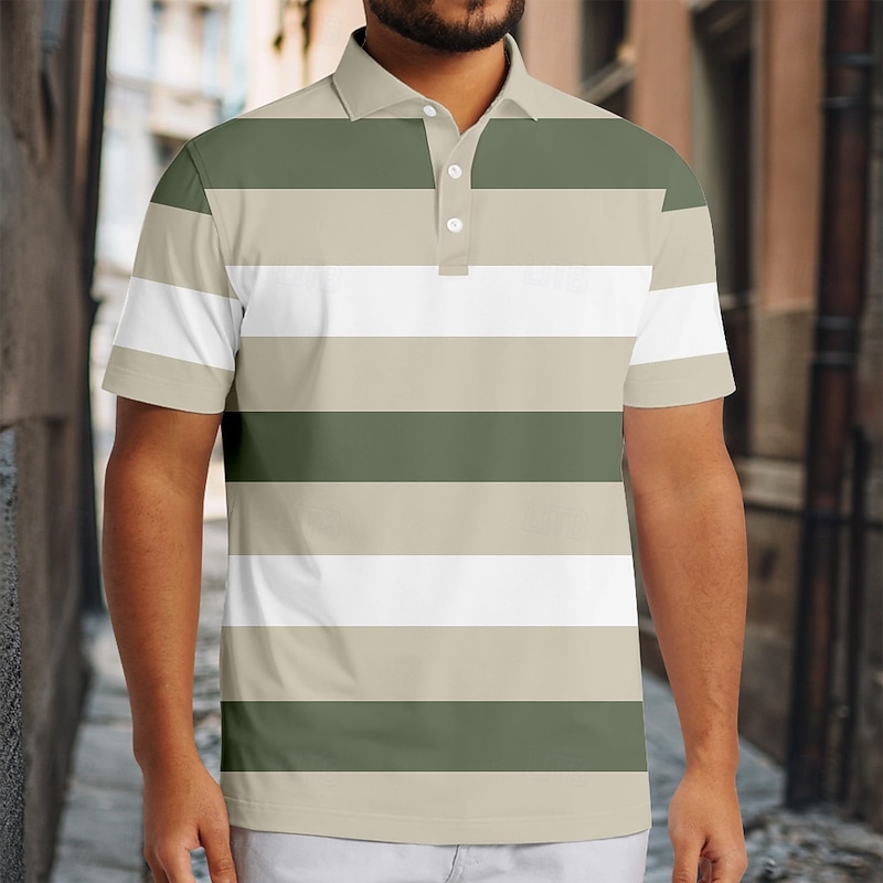 Men's Horizontal Stripes Rugby Polo Short Sleeve Polo Shirts Collared Shirts Casual School Outdoor Athleisure Daily Wear Buttons 3D Print Summer Blue Green