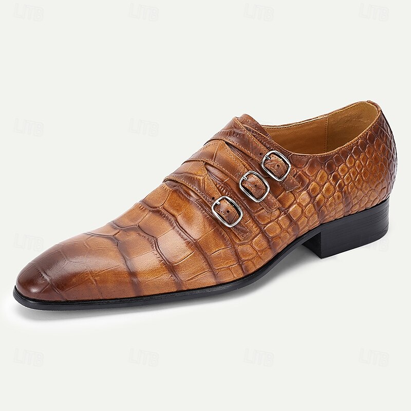 Men's Triple Buckle Brown Crocodile Pattern Leather Dress Shoes – Statement Prom and Evening Party Footwear2
