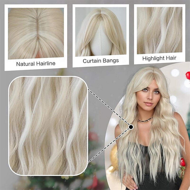 Long Wavy Ash Blonde Wig with Curtain Bangs Heat Resistant Fiber Layered Synthetic Curly Wig for Cosplay Christmas Gifts Party Used3