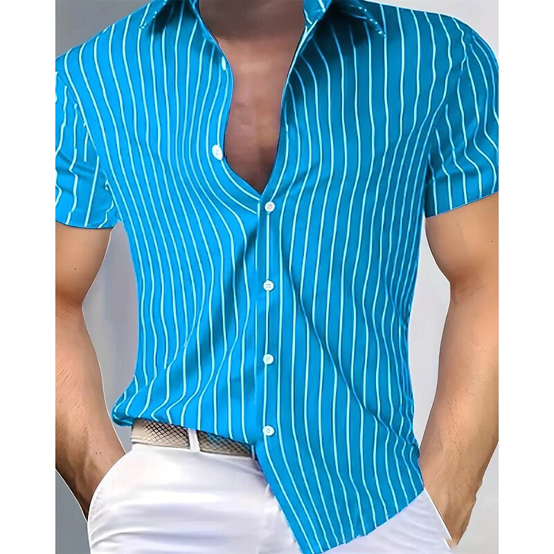Men's Summer Shirt Casual Shirt Beach Shirt Button Up Shirt Yellow Light Green Pink Red Blue Short Sleeve Stripes Lapel Vacation Hawaiian Clothing Apparel Polyester Fashion Casual Comfortable